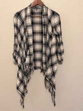 Threads 4 Thought Black & Off-White Western Plaid Fringe Open Cardigan XS/Small